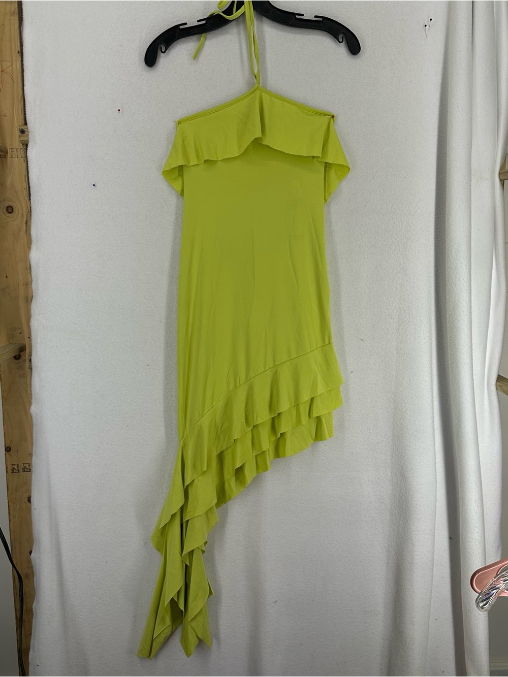 Party 21 Y2K Lime Green Halter Ruffle Asymmetrical Mermaid Midi Dress Size 1 NWT